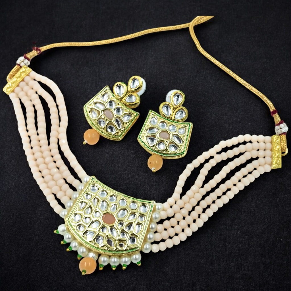 NS237 PEACH Kundan Necklace Earring Jewellery Set