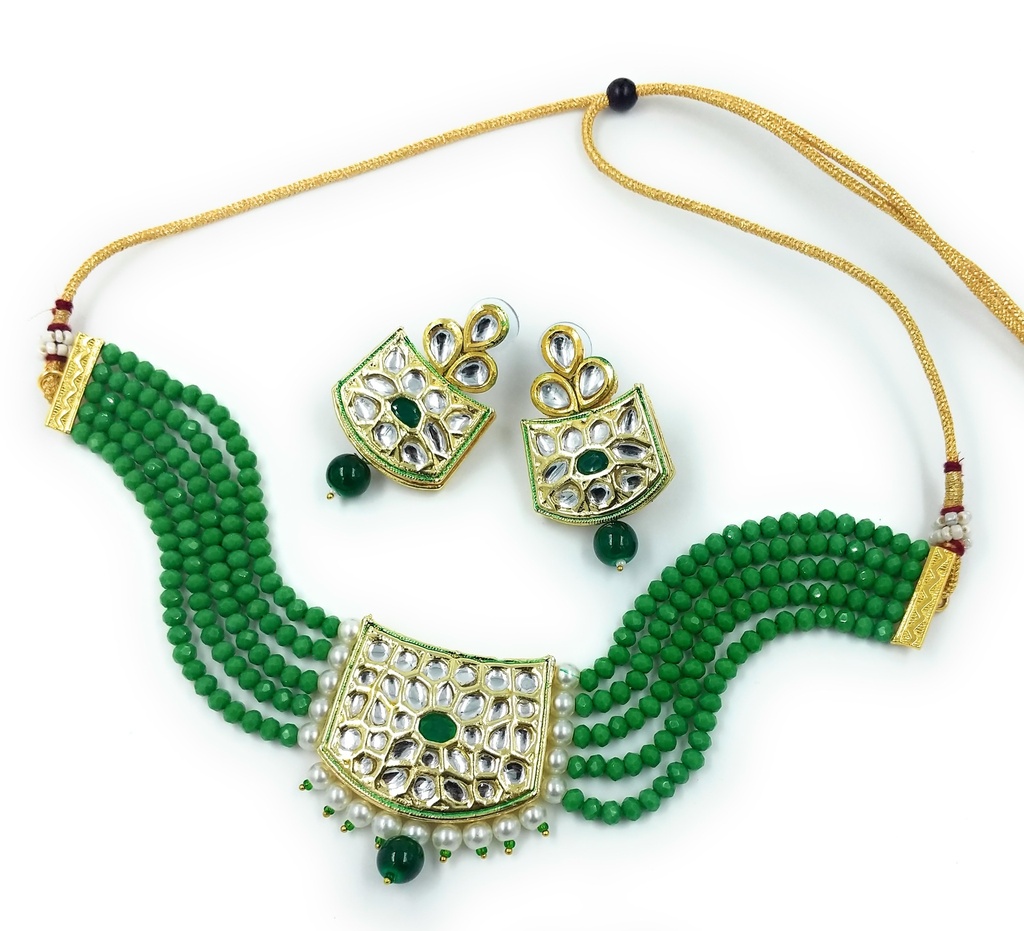 NS237GREEN Kundan Necklace Earring Jewellery Set