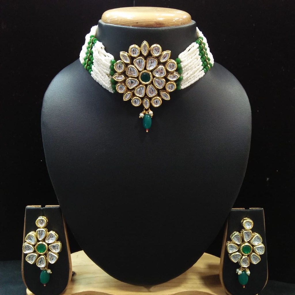 NS82 GREEN Kundan Necklace Earring Jewellery Set