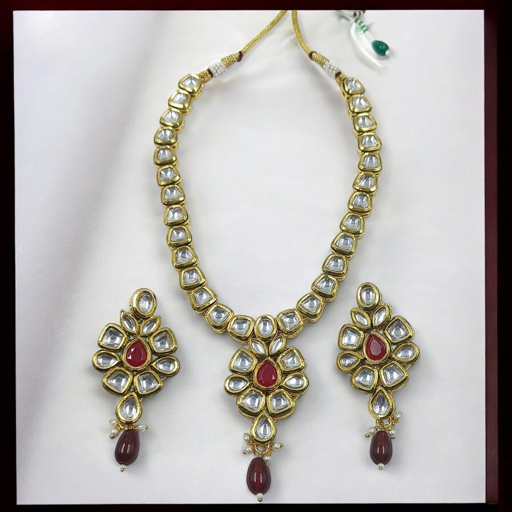 NS453 Maroon Kundan Necklace Earring Jewellery Set