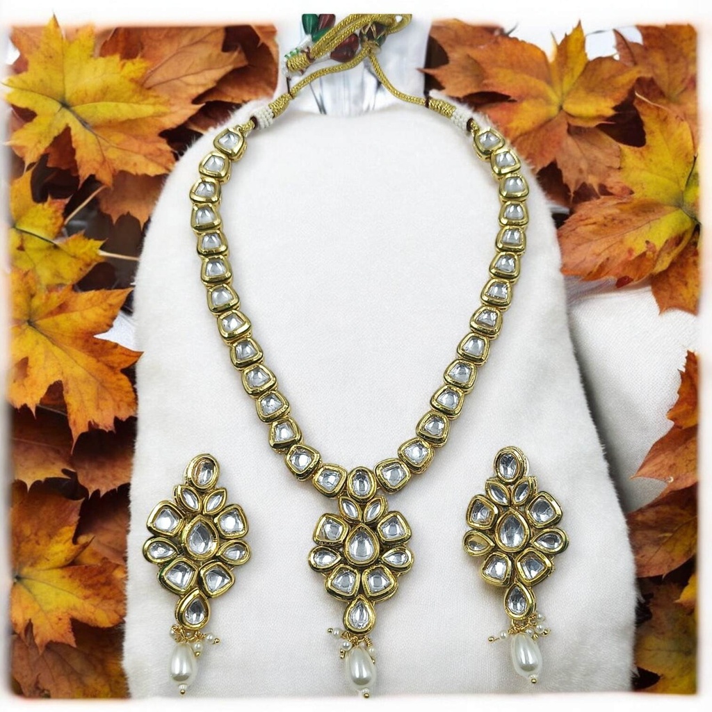 NS453 White Kundan Necklace Earring Jewellery Set