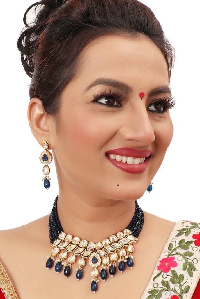 Desi Cultural Ns496 Blue Kundan Necklace Earring Jewellery Set