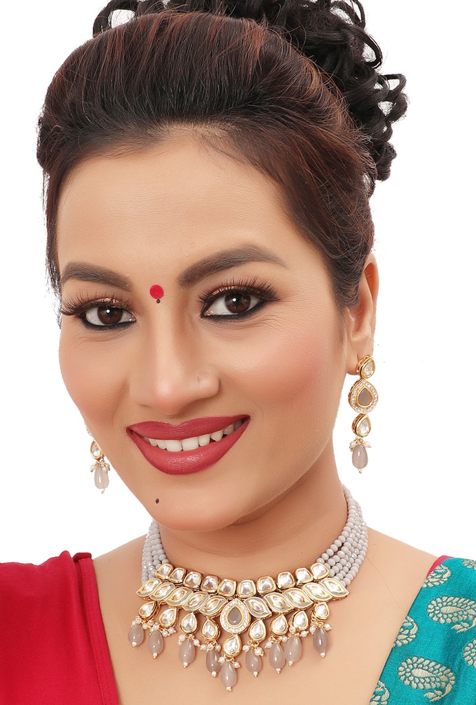 NS496 Grey Kundan Necklace Earring Jewellery Set