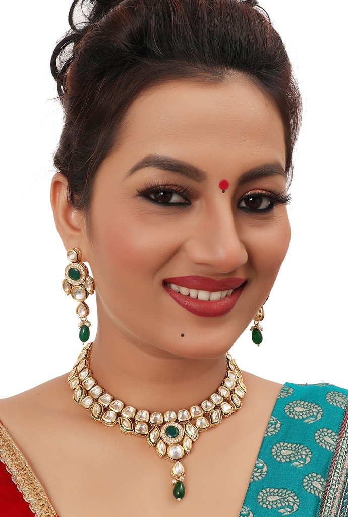 NS498 Green Kundan Necklace Earring Jewellery Set