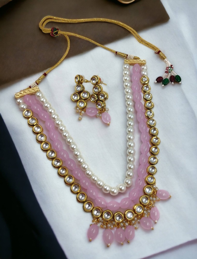 NS501 Baby Pink Kundan Necklace Earring Jewellery Set