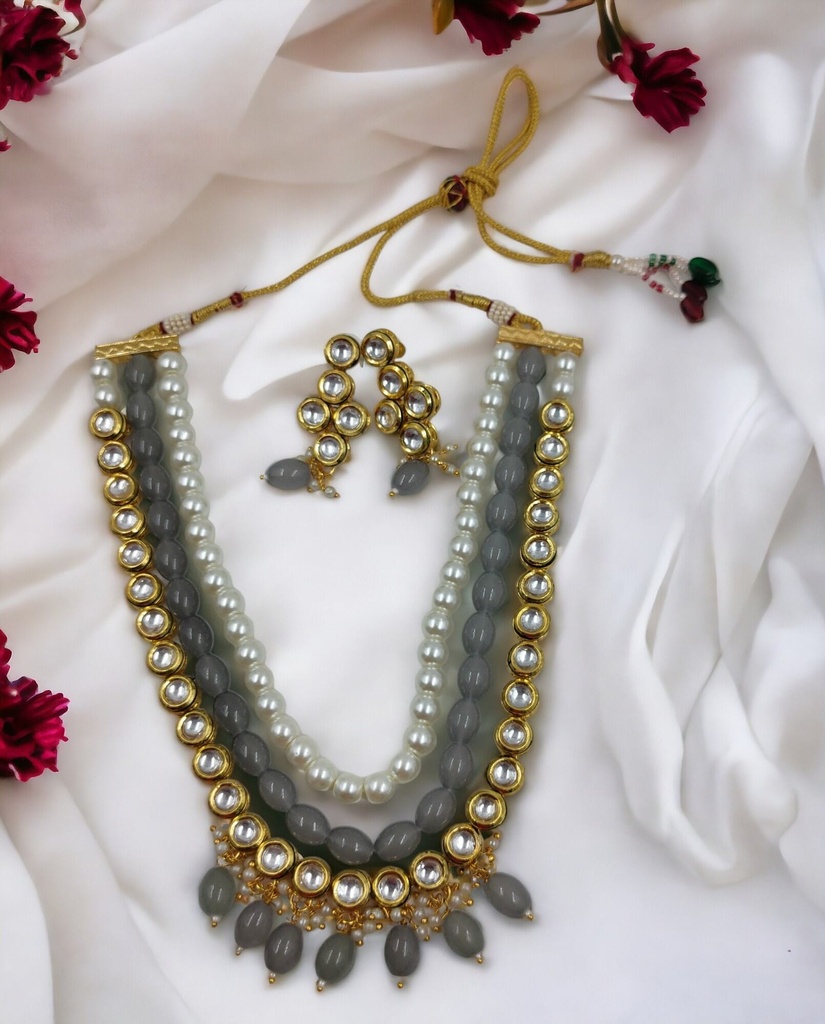Luxury Cultural Ns501 Grey Kundan Necklace Earring Jewellery Set