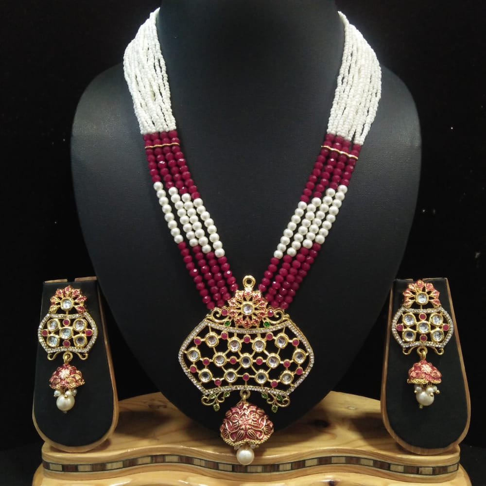 Polished Fusion Kundan Pendant Necklace Set  Maroon 