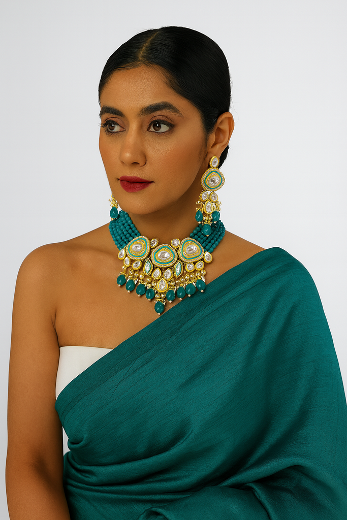 Authentic Stylish Kundan Choker Necklace Set Teal