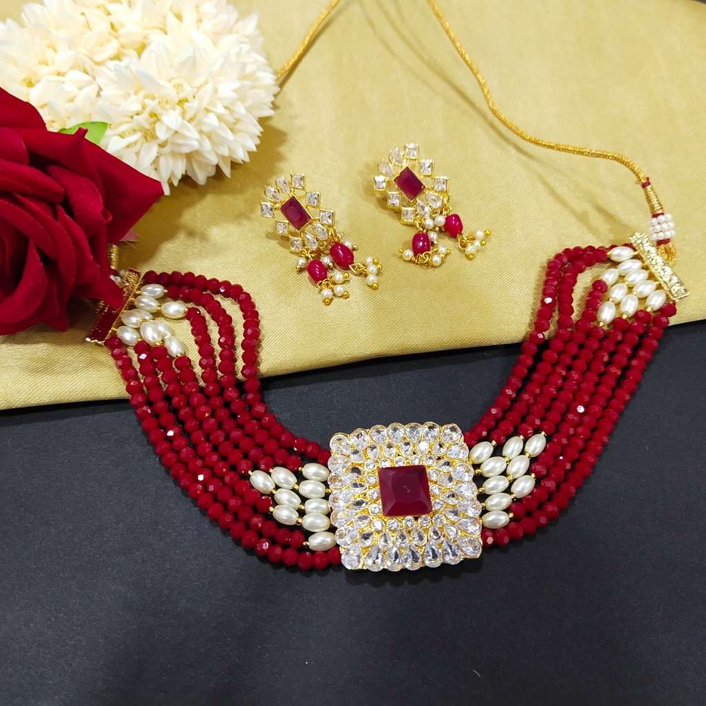 Radiant Elegance Crystal Beads Choker Set  Red 