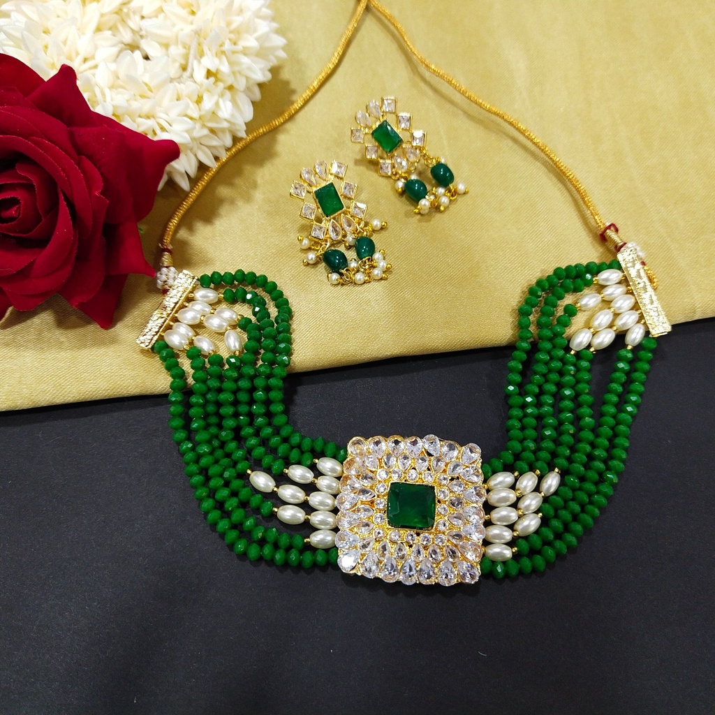 Subtle Sparkle Crystal Beads Choker Set  Green 