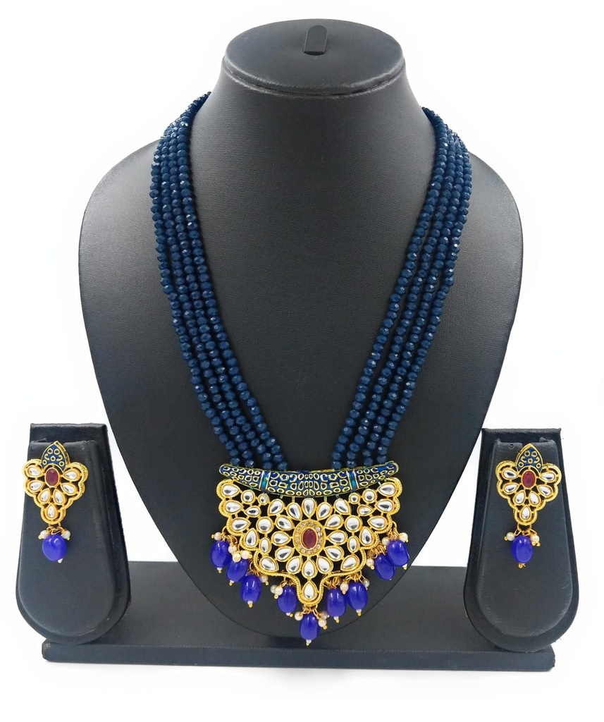 Elegant Statement Kundan Pendant Necklace Set  Blue 