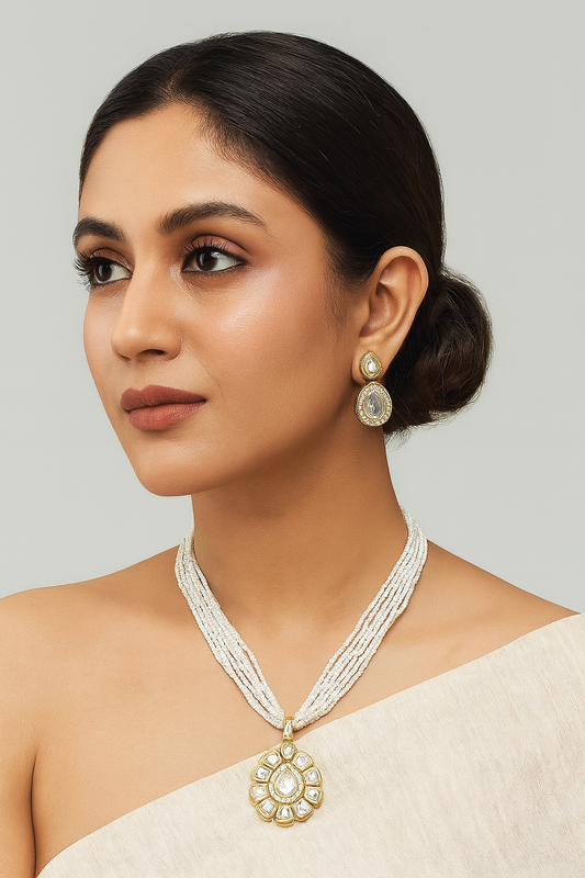Luxury Signature Charming Mood Kundan Pendant Necklace Earring Set