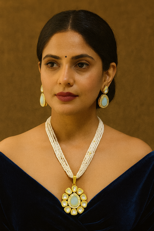 Premium Signature Ethereal Delight Kundan Pendant Necklace Earring Set