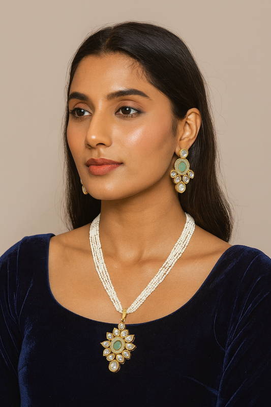 Dazzling Signature Ethereal Glam Kundan Pendant Necklace Earring Set