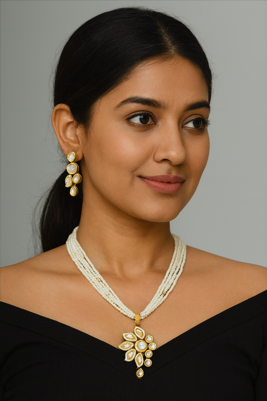 Traditional Signature Graceful Glow Kundan Pendant With Necklace Earring Set