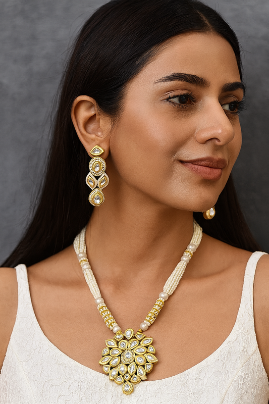 Lustrous Couture Kundan Long Necklace Set White