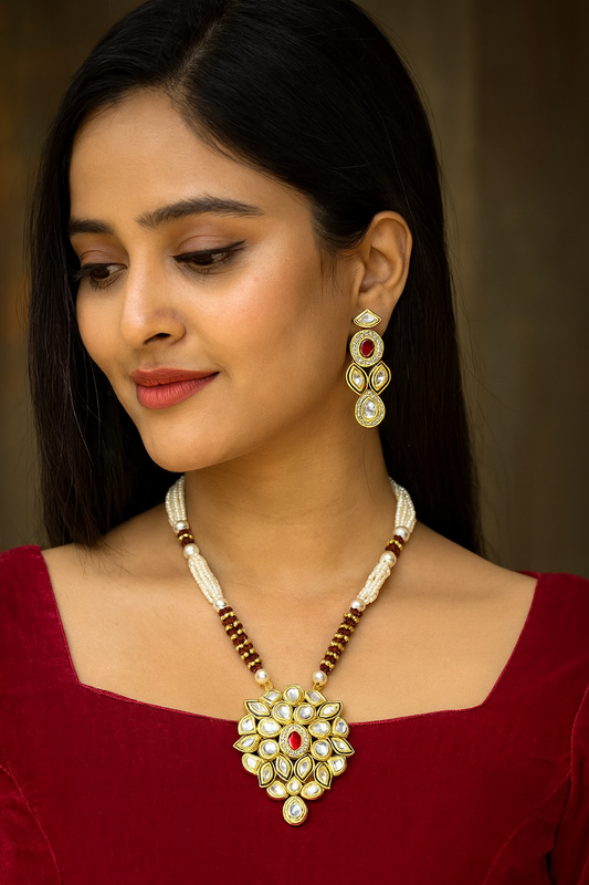 Kundan Long Necklace Set Maroon