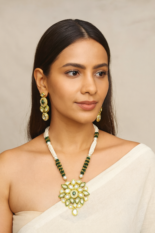 Dabbi Kundan Long Necklace Set Green