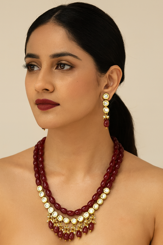 Kundan Pearl Necklace Set  K65 MAROON