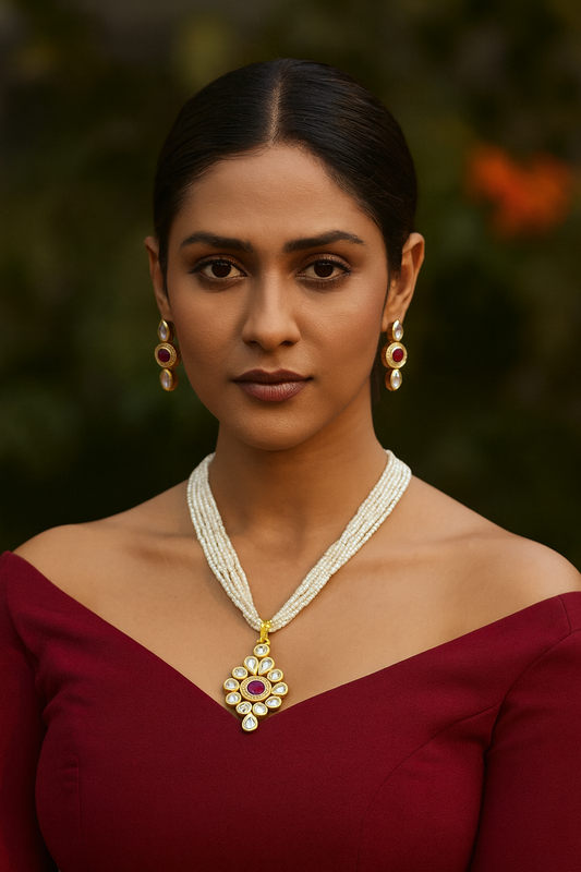 Desi Signature Magnetic Flash Kundan Pendant With Necklace Earring Set