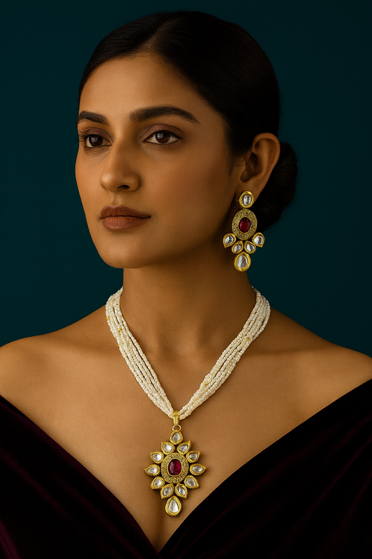 [K63 MAROON] Opulent Highlight Kundan Pendant necklace earring set