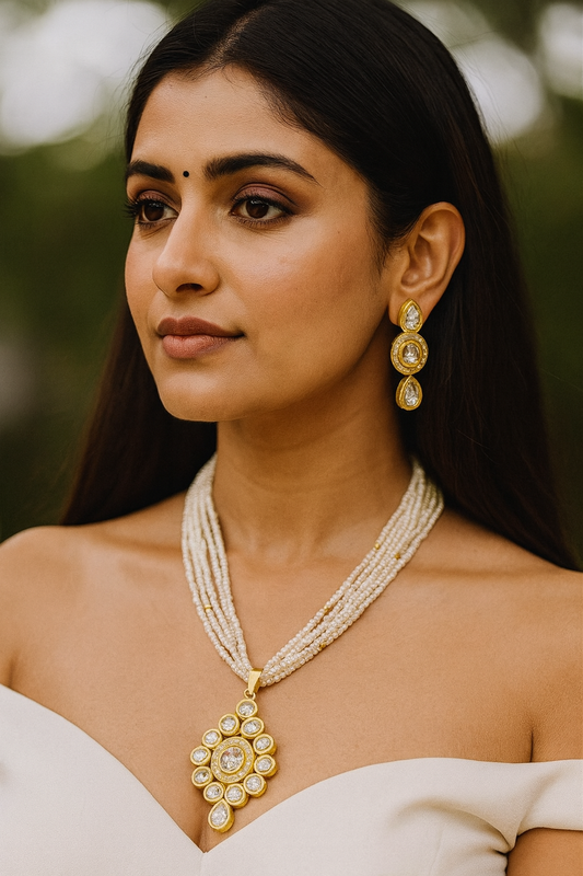 Vintage Signature Pearlescent Appeal Kundan Pendant With Necklace Earring Set