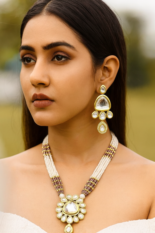 [K62 BROWN] Polished Delight Kundan Long Necklace set