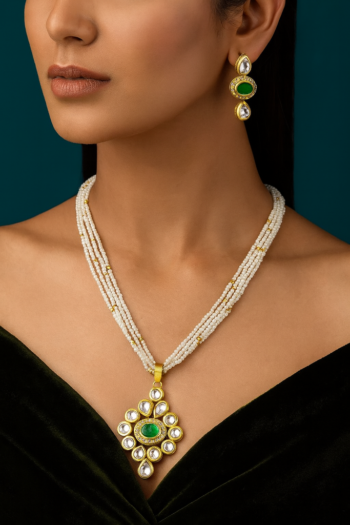 [K59 GREEN] Royal Symphony Kundan Pendant with necklace earring set