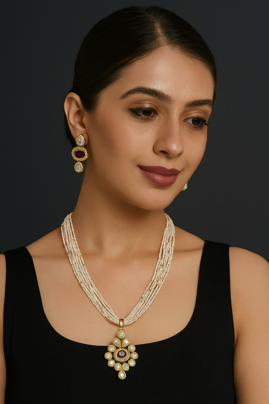 Glamorous Signature Sparkling Expression Kundan Pendant With Necklace Earring Set