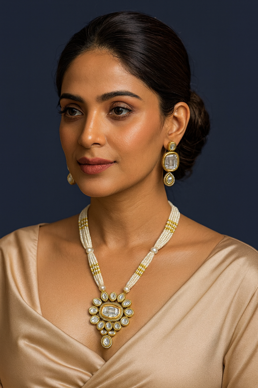 [K60 WHITE] Vintage Look Kundan Long Necklace set