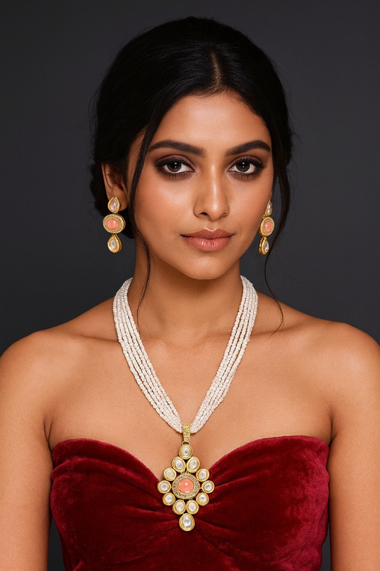 [K59 PEACH] Whimsical Sheen Kundan Pendant with necklace earring set