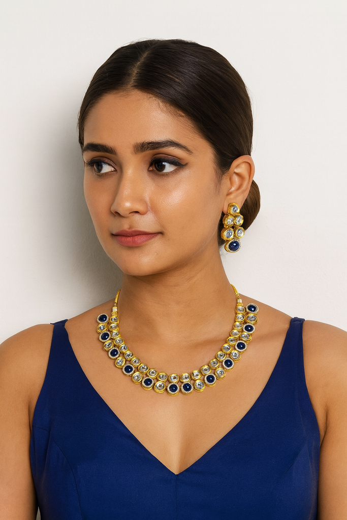[K19 BLUE] Beautiful Silhouette Premium kundan set with monalisa stone
