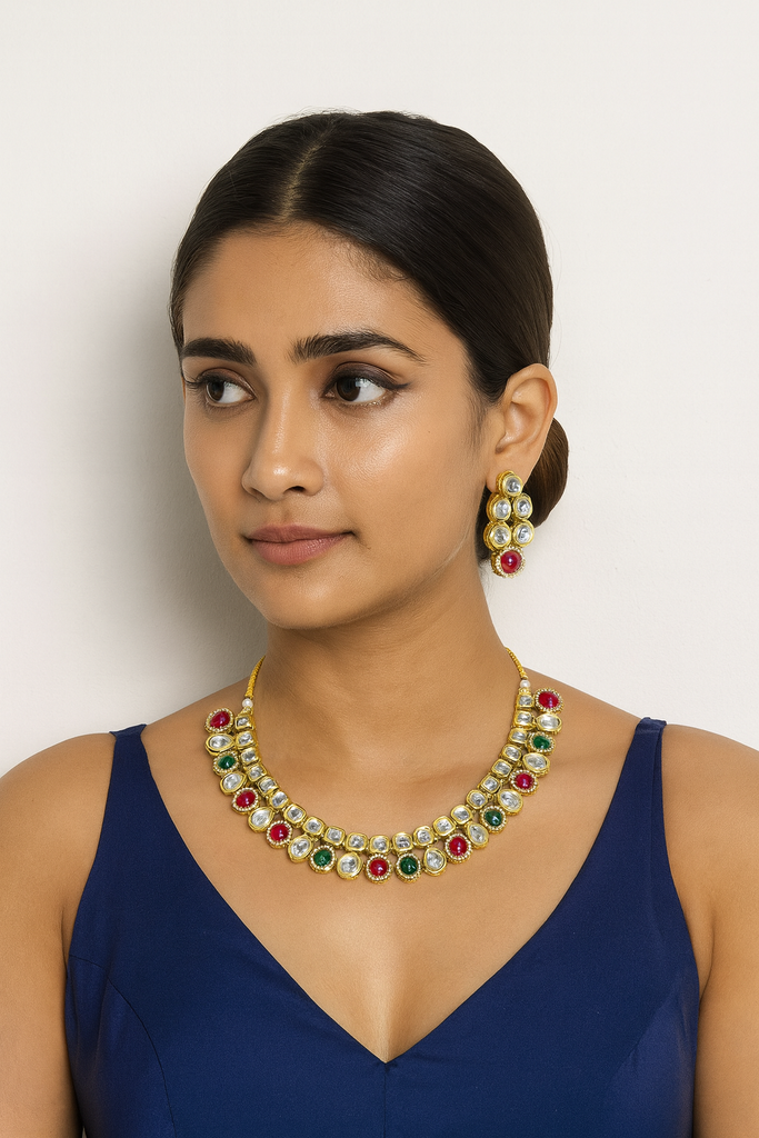 [K19 MAROON GREEN] Bold Accent Premium kundan set with monalisa stone