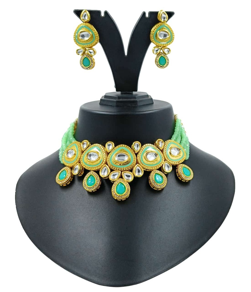 Earthy Sheen Royal Kundan Necklace Set  MintGreen 