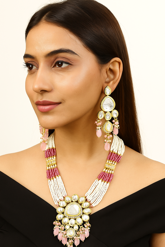 Elegance Kundan Baby Pink long necklace set  K56 
