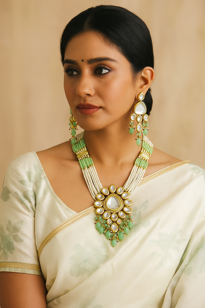 Fine Touch Kundan Mint Green long necklace set  K56 