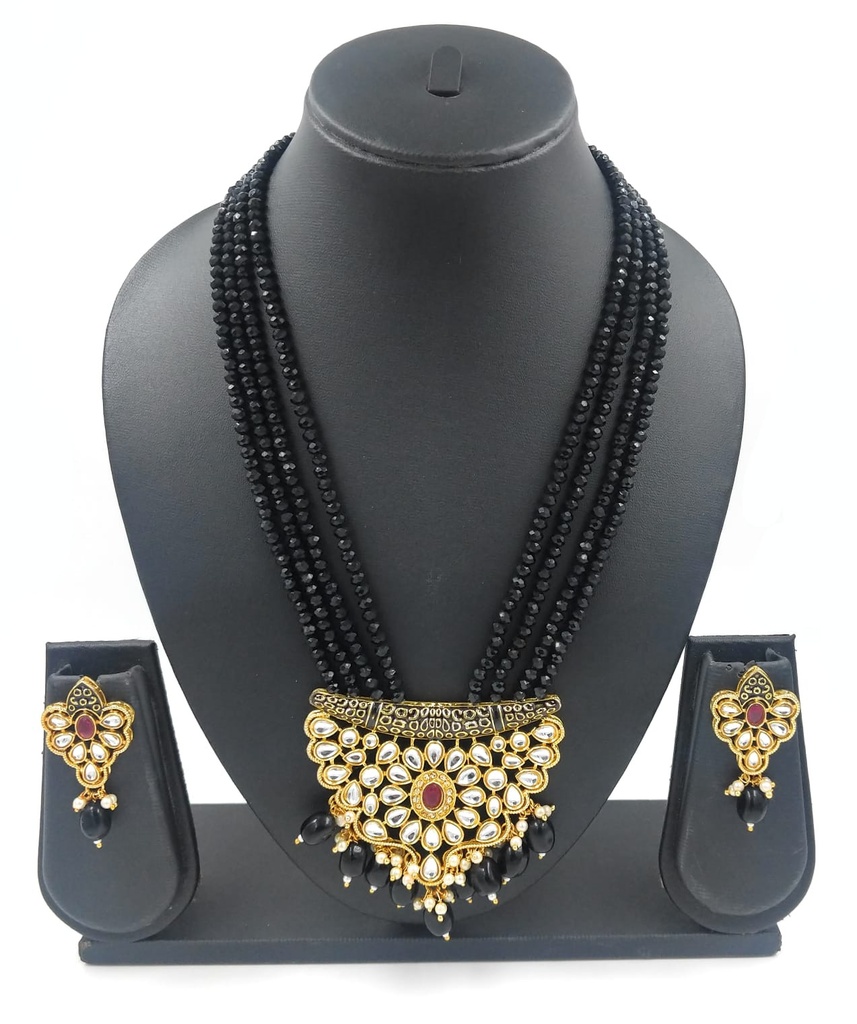 [Kundan Pendant Set (Black)] Graceful Inspiration Kundan Pendant Necklace Set  Black 