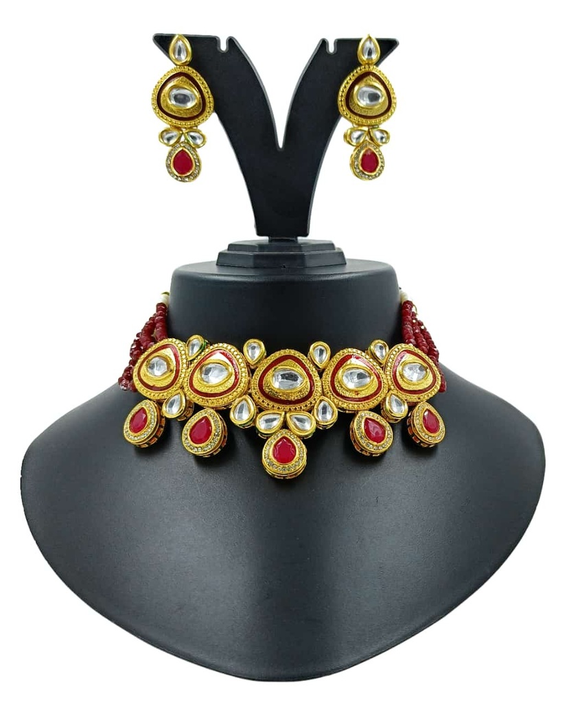 Graceful Rhythm Royal Kundan Necklace Set  Maroon 