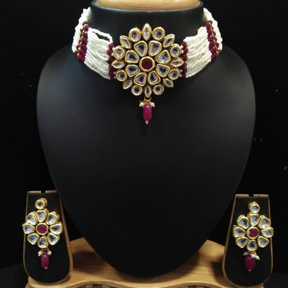 [NS82 MAROON] NS82 MAROON Kundan Necklace Earring Jewellery Set