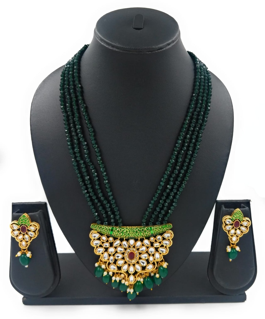 [Fusion Kundan Pendant Set (Green)] Precious Fusion Kundan Pendant Necklace Set  Green 