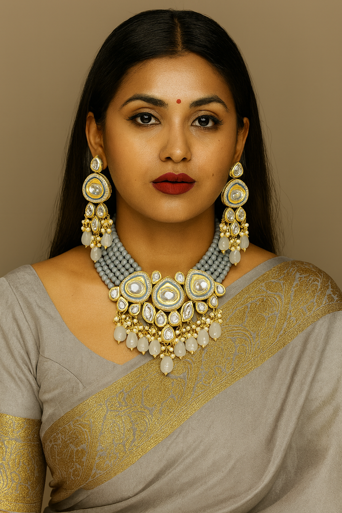 Premium Stylish Kundan Choker Necklace Set Grey