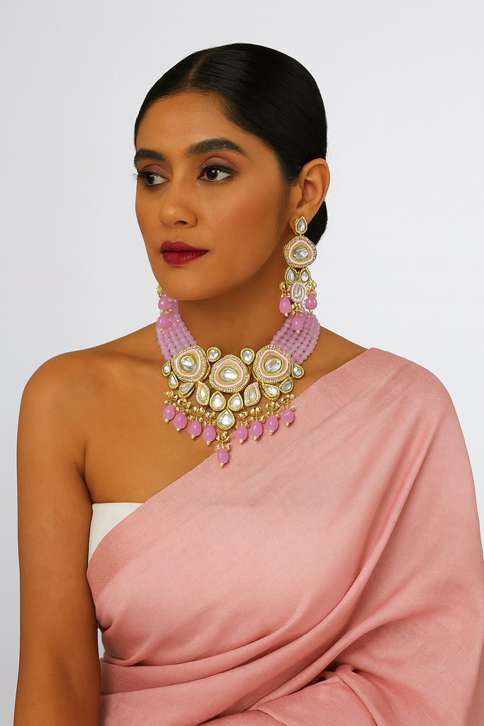 Beautiful Stylish Kundan Choker Necklace Set Baby Pink