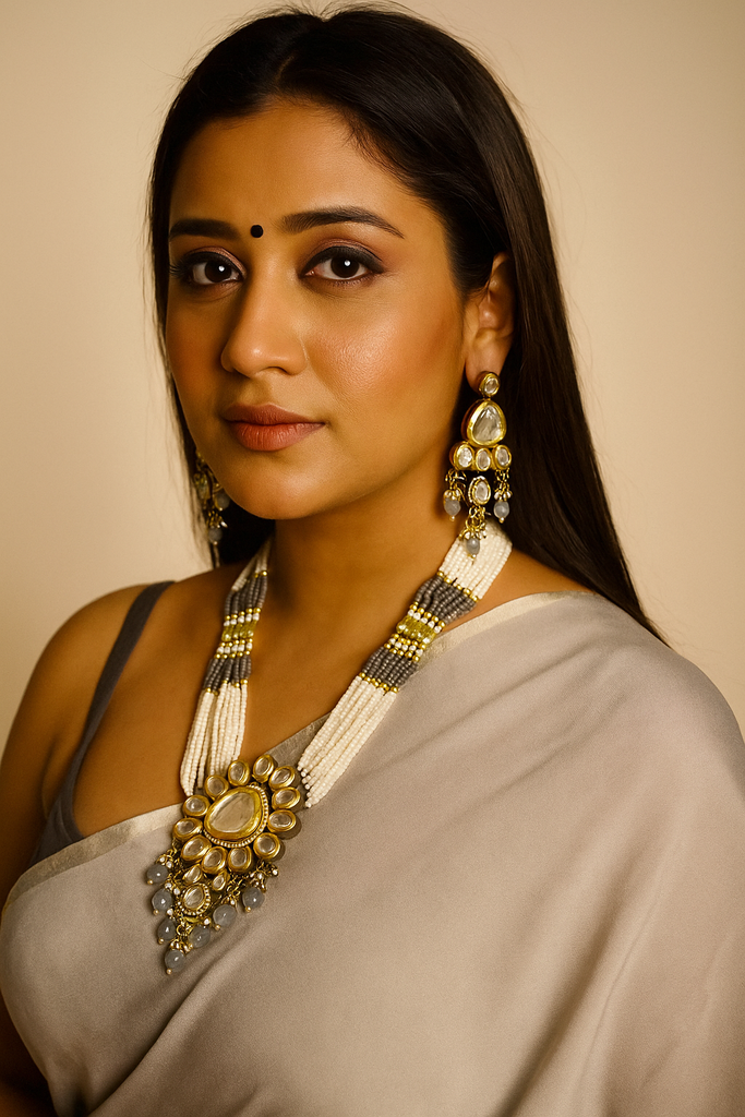 [K56 GREY] Royal Presence Kundan long Grey necklace set  K56