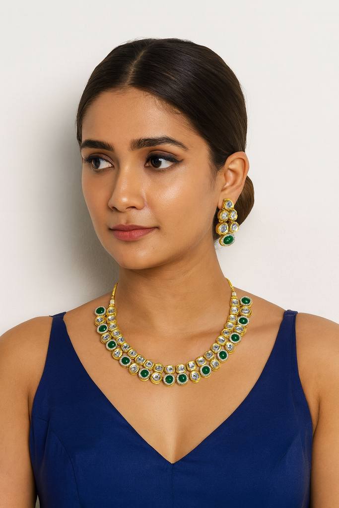[K19 GREEN] Vintage Charm Premium kundan set with monalisa stone