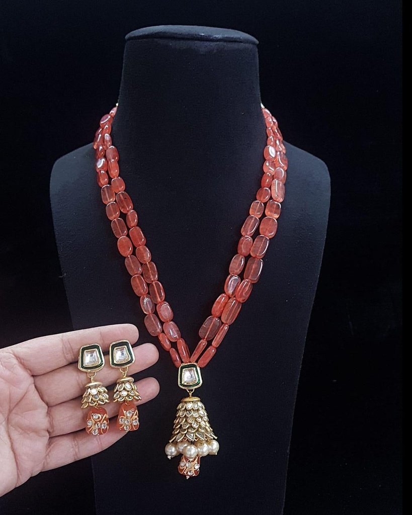 [DSNS 10 ORANGE] Orange Monalisa Beads Long Necklace With Kundan Pendant And Earring
