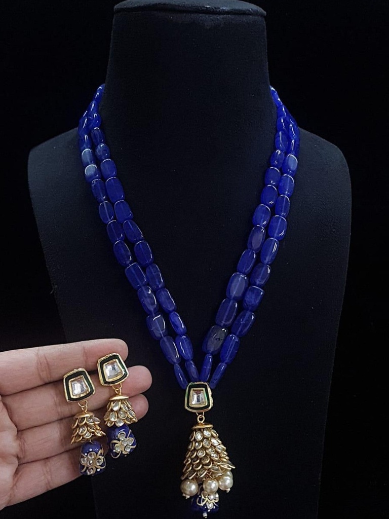 Blue Monalisa Beads Long Necklace With Kundan Pendant And Earring