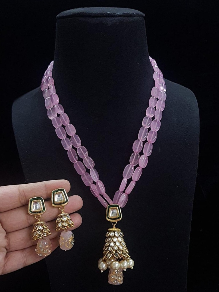[DSNS 10 BABY PINK] Baby Pink Monalisa Beads Long Necklace With Kundan Pendant And Earring