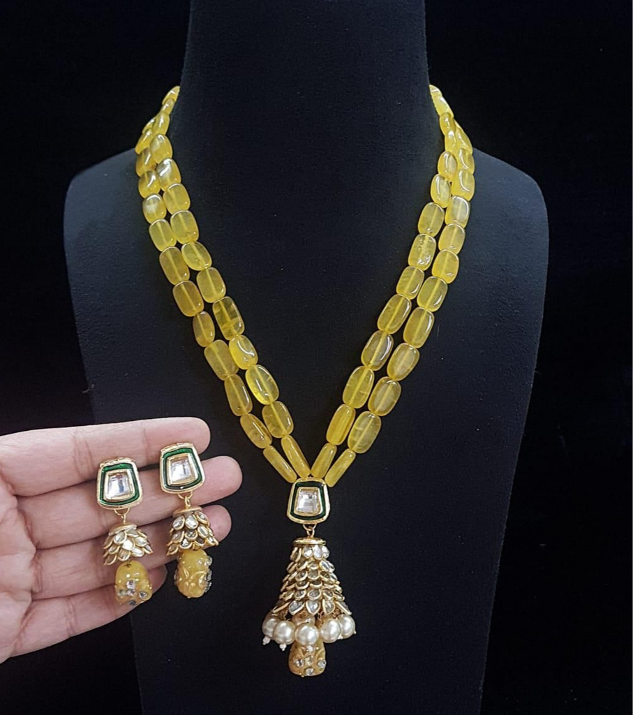 [DSNS 10 YELLOW] Yellow Monalisa Beads Long Necklace With Kundan Pendant And Earring