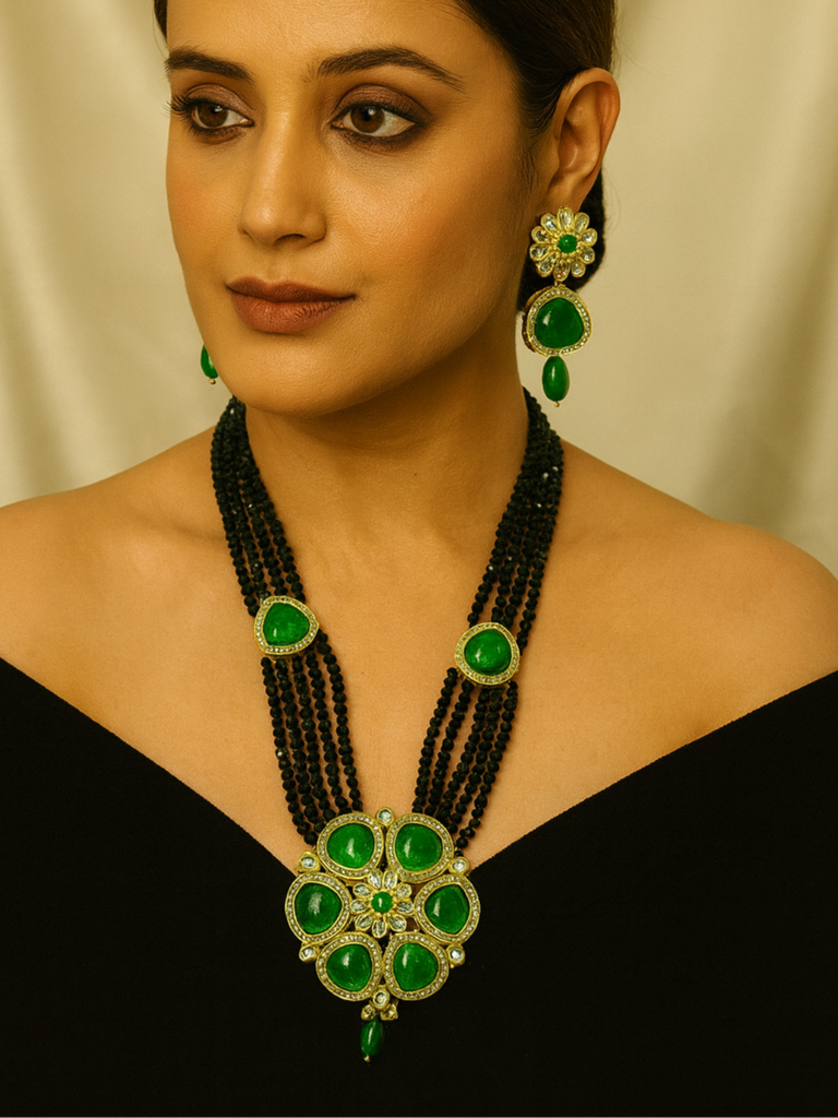 Kundan Long Necklace Set Green