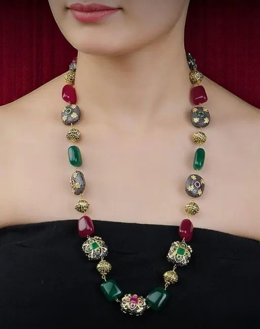 [F7 Maroon Green] Premium Quality Semiprecious Single line Stone Mala Set